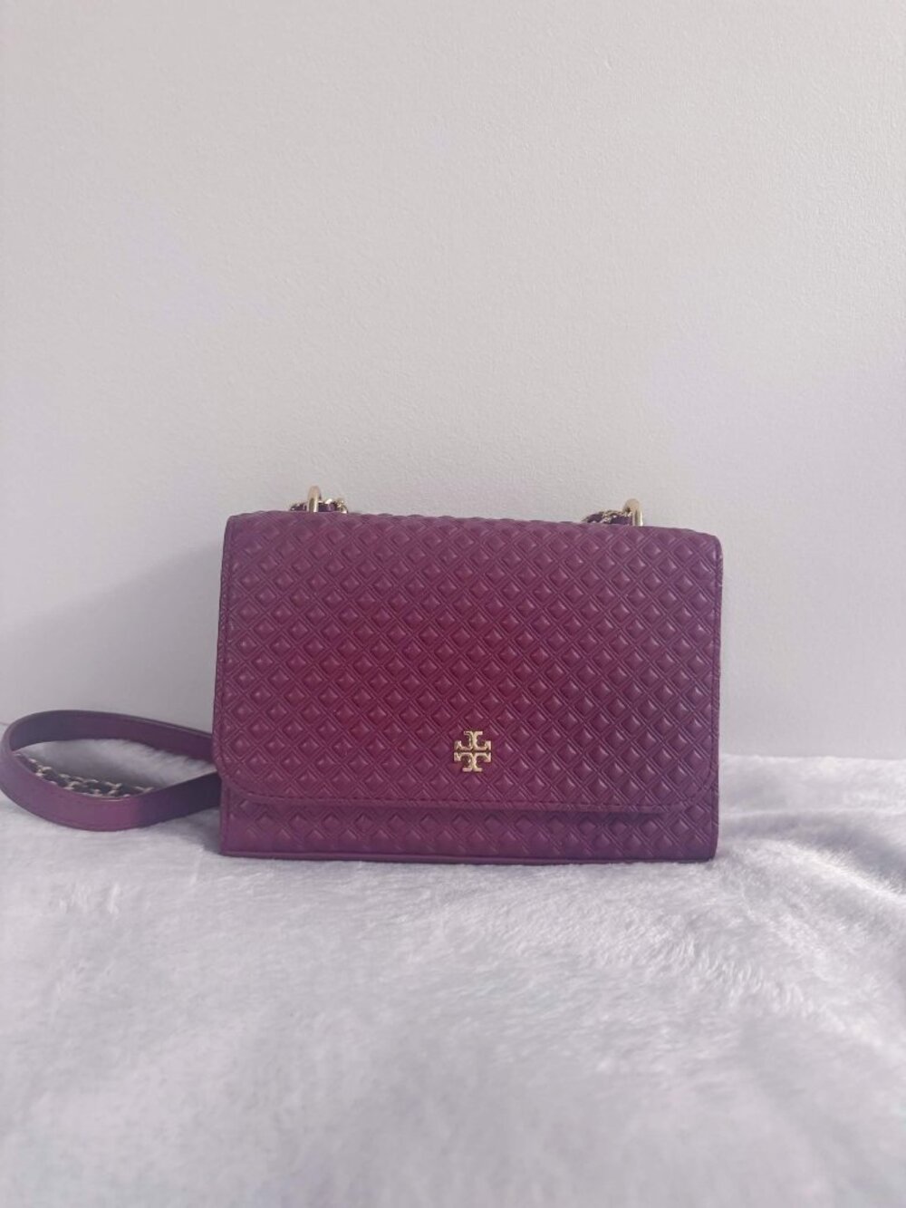 Tory Burch Burgundy Embossed Leather Marion Shoulder Bag